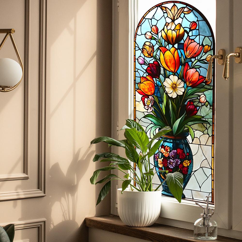 Kreativní Simulační Váza Tulipánové Sklo Zkrášlení a Dekorace Oken Statické Samolepky na Okno