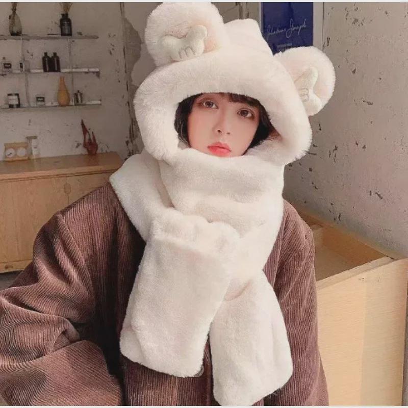 Conjunto de Invierno para Mujer de Gorro, Bufanda y Guantes de Osito: Trío de felpa acogedor, elegante y cálido