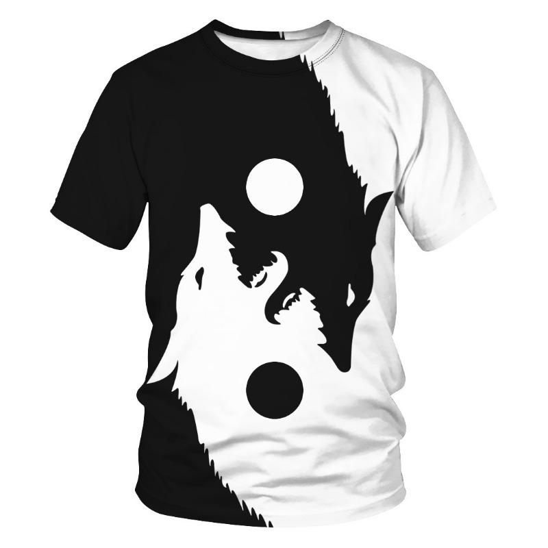 Yin Yang Lang Digital Printed Women's Plus Size T-shirt for Couples Loose Short Sleeved Round Neck Top