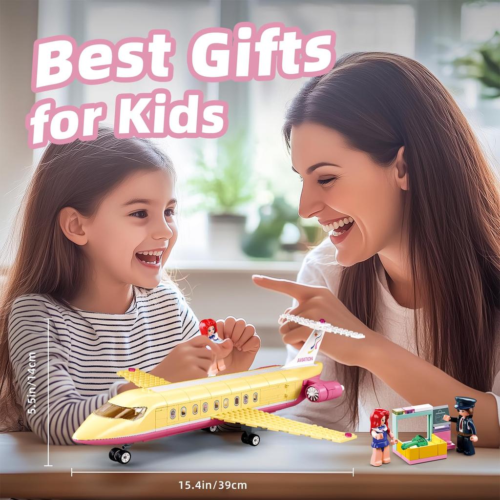 Non-Toxic 383Pcs Holiday Airplane Building Blocks Dream Pink Plane Model Bricks Creative Desktop Deco Educational Diy Toys For Kids Gifts