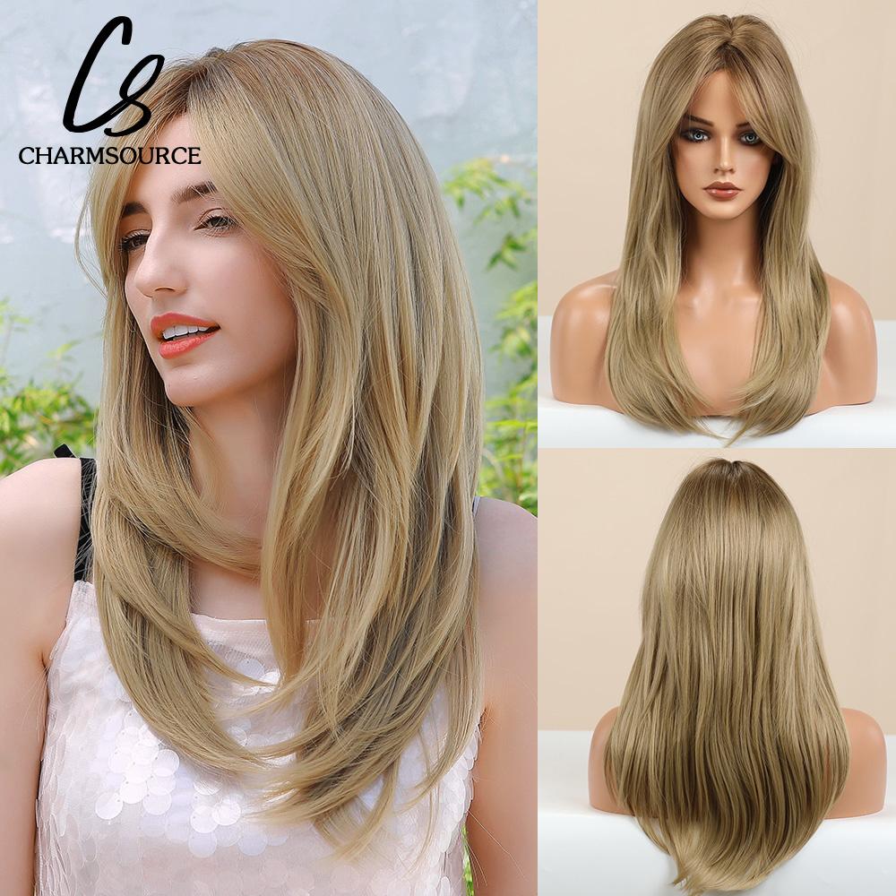 Natural Wavy Blonde Synthetic Wigs Medium Length Layered Hair with Side Bangs for Women Daily Party Cosplay Heat Resistant Fiber
