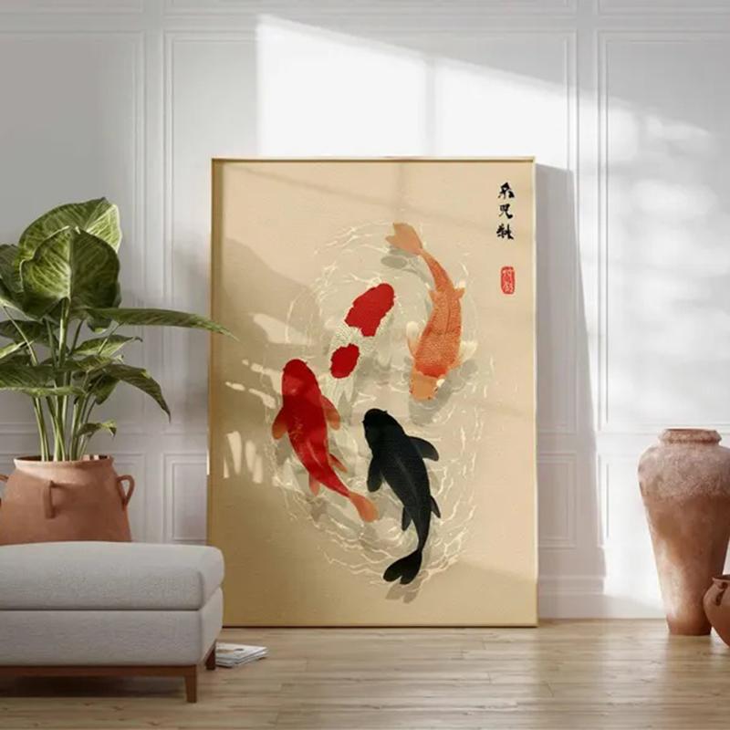 Japonský kapr plakát, Minimalistické asijské nástěnné umění, Zenová vodní malba, Japandi dekorace, Klidné jezírko Moderní orientální umělecké dílo