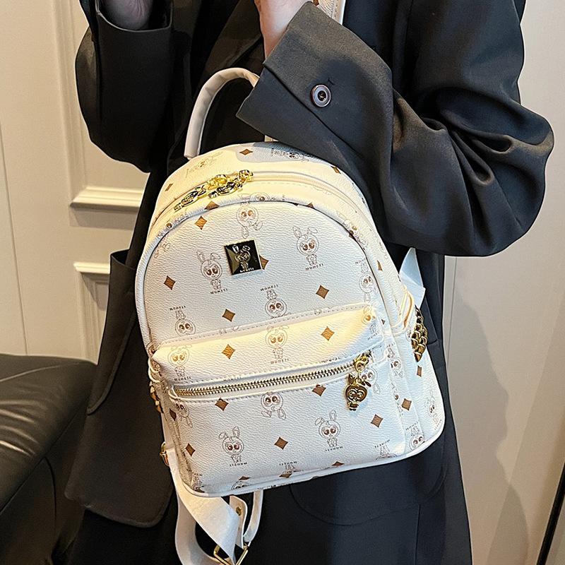 Premium Printing Trend Travel Portable Small Schoolbag Temperament Light Luxury Fashionable Rivet Pu Backpack