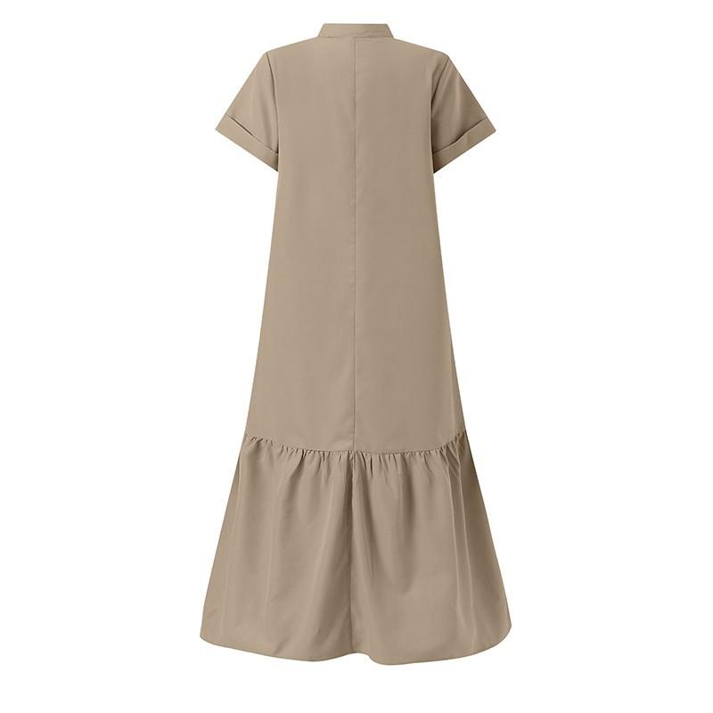 Spring and Summer Fashion Women's Dress: Stand-up Collar Short-sleeved V-neck, Loose Front Opening, Fishtail A-line Long Dress