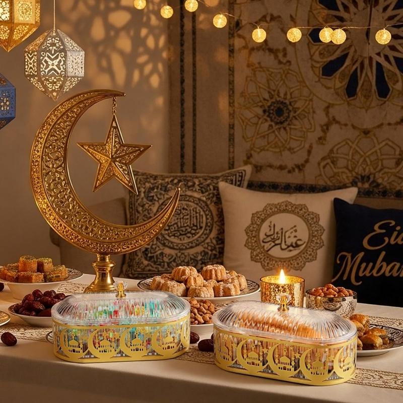 1Pc Eid Mubarak Serving Platter with Lid Ramadan Dessert Tray Food Storage Box Jar