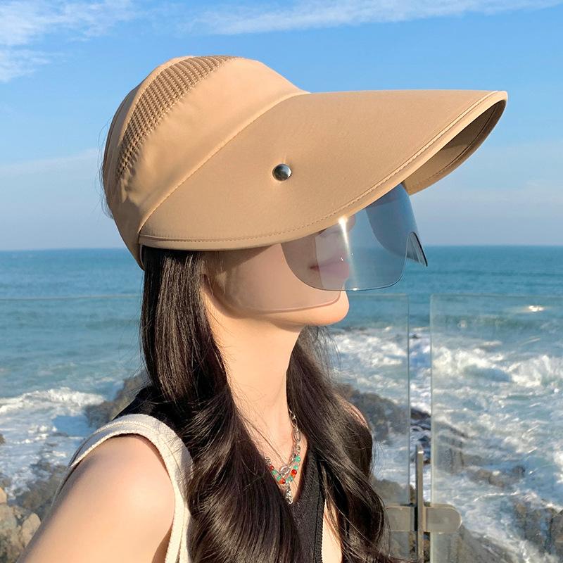 Summer Women Sun Hat with Eyeglasses 13cm Large Brim Bucket Hat Breathable Outdoor Activity Empty Top Cap Magic Tape Adjust Travel Beach Cap