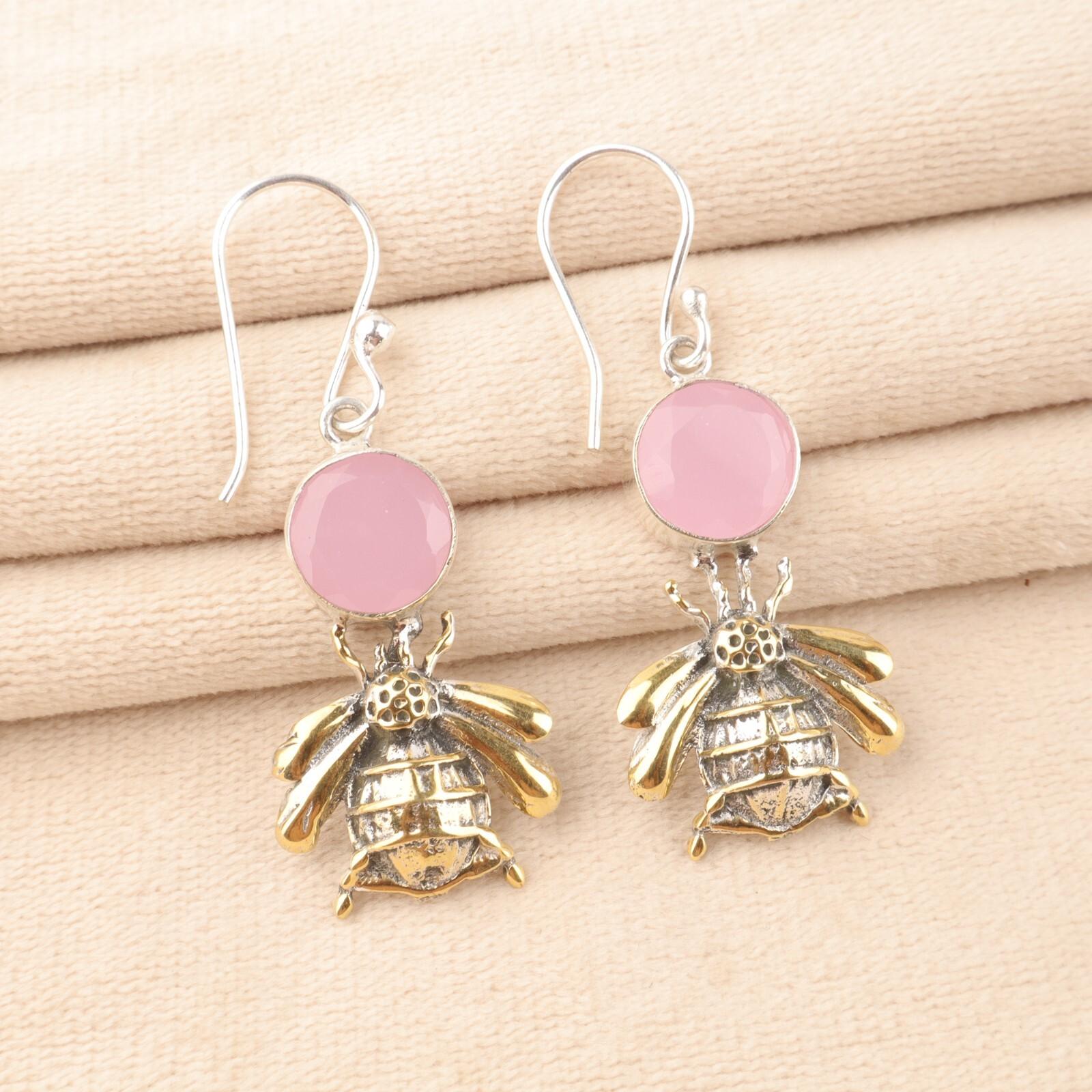 

Rose Chalcedony Gemstone 925 Sterling Silver Jewelry Handmade Dangle Earrings 2 EE-154-13