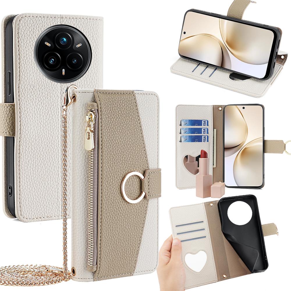 

For Realme 14 Pro+ 5G Case Mirror Wallet Leather Phone Cover with Chain Shoulder Strap White
