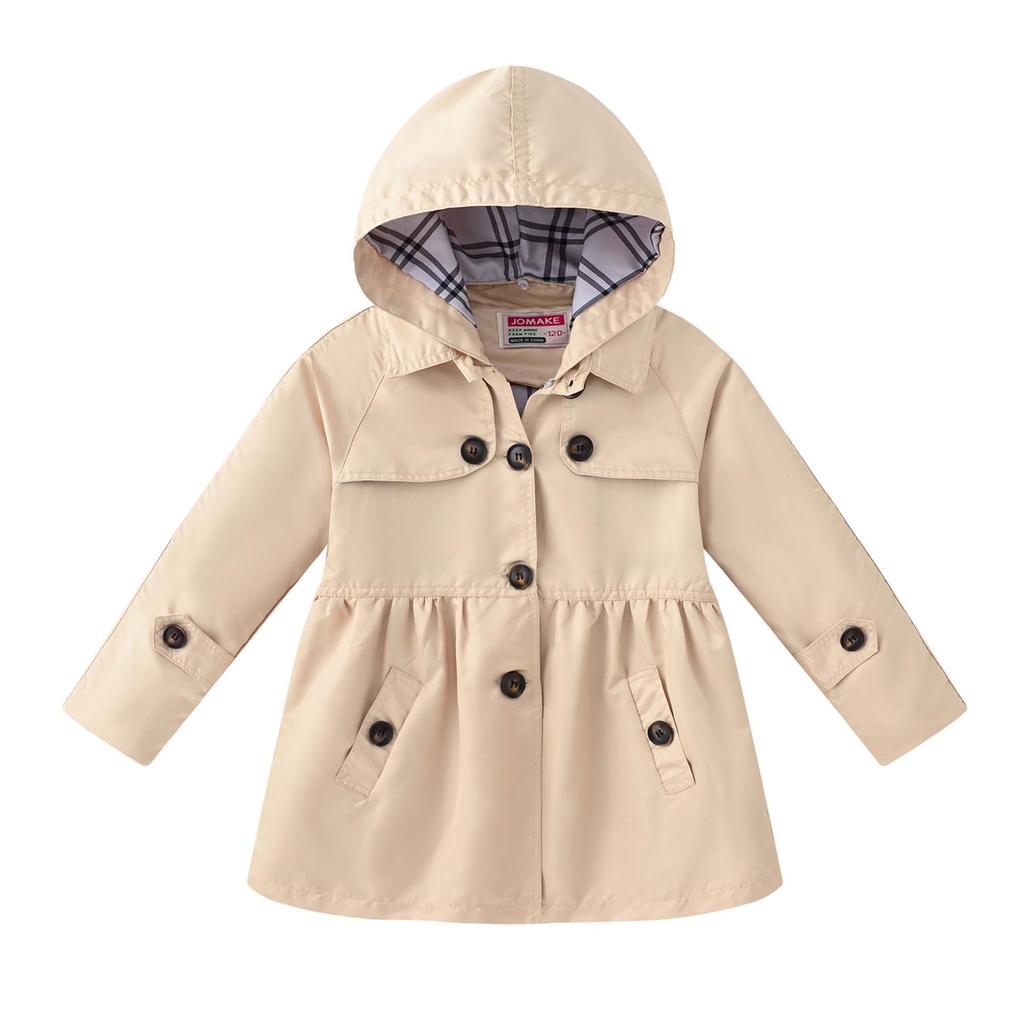 Girls' British Style Button Trench Coat with Detachable Hood - Waist-Defining, Solid Color, Mid-Length, Autumn Classic Fashion.