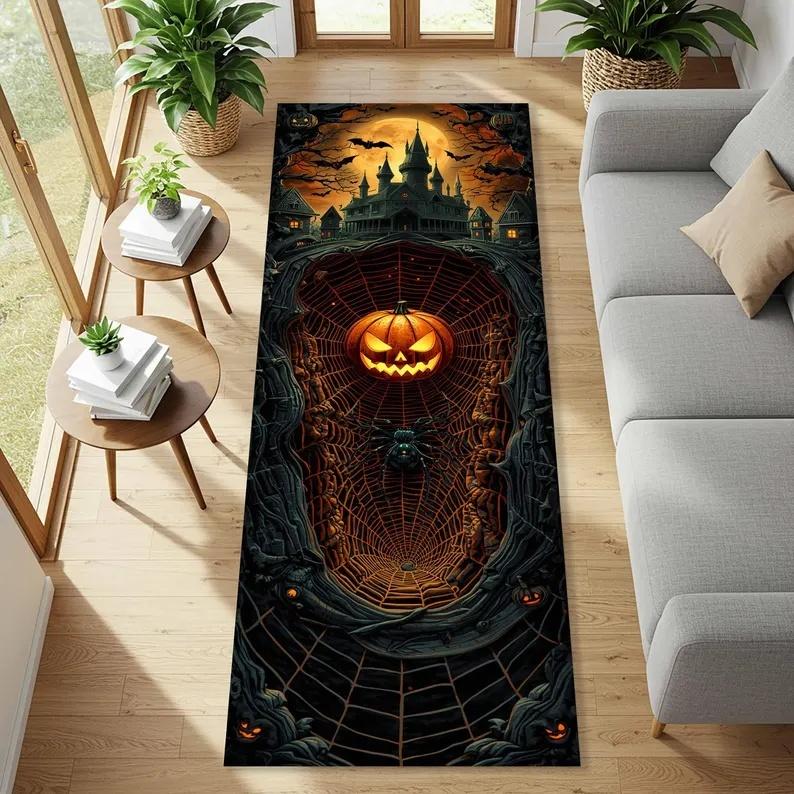 Halloween Runner Rug Castle Pumpkin Skull Carpet Kitchen Anti-Slip Spider Web Printed Rugs For Living Room Home Decor