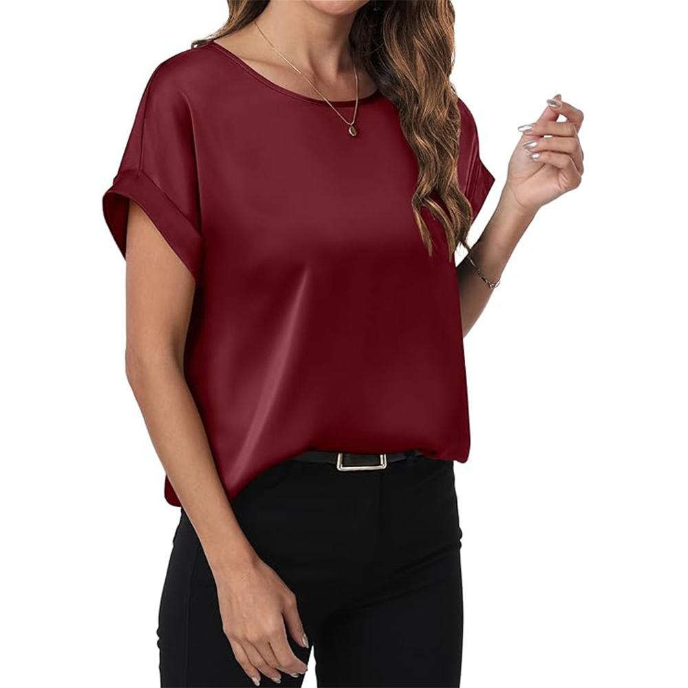 Women's Summer Dressy Casual Short Sleeve Shirts Crewneck Silk Satin Business Office Work Blouse Tops