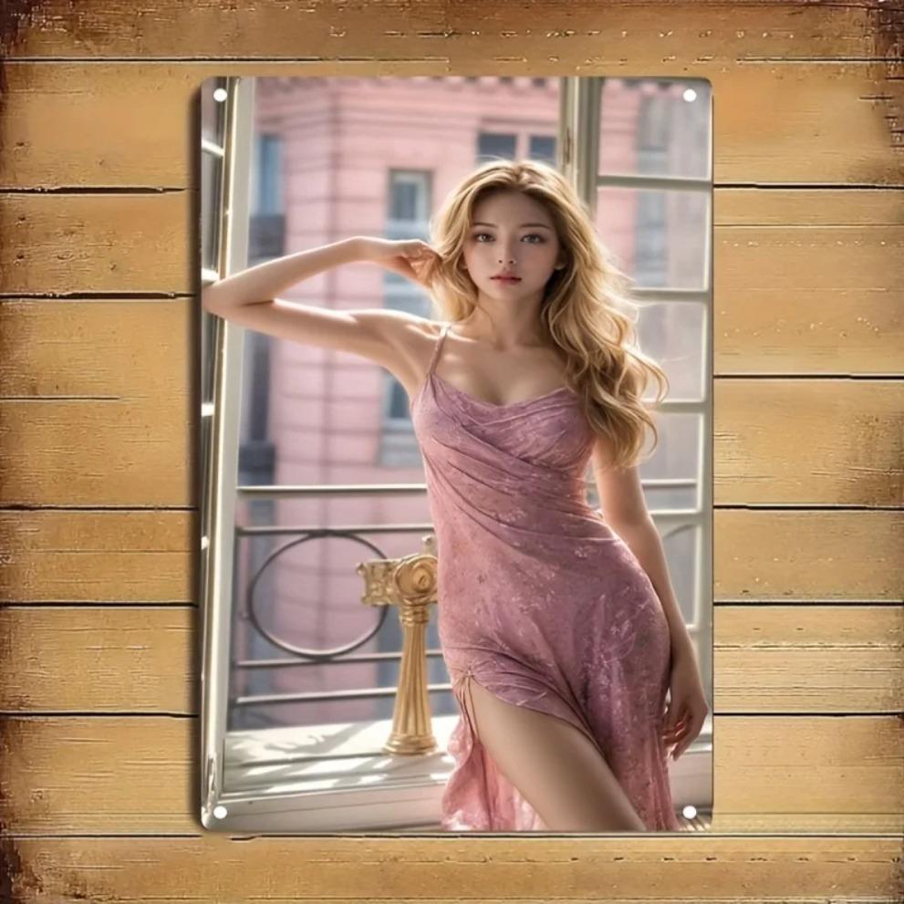 

Vintage Blonde Beauty with Long Wavy Hair in Pink Floral Spaghetti Strap Dress with High Slit Posing at Parisian Balcony Metal T 20x30cm（7.8x11.8inch）