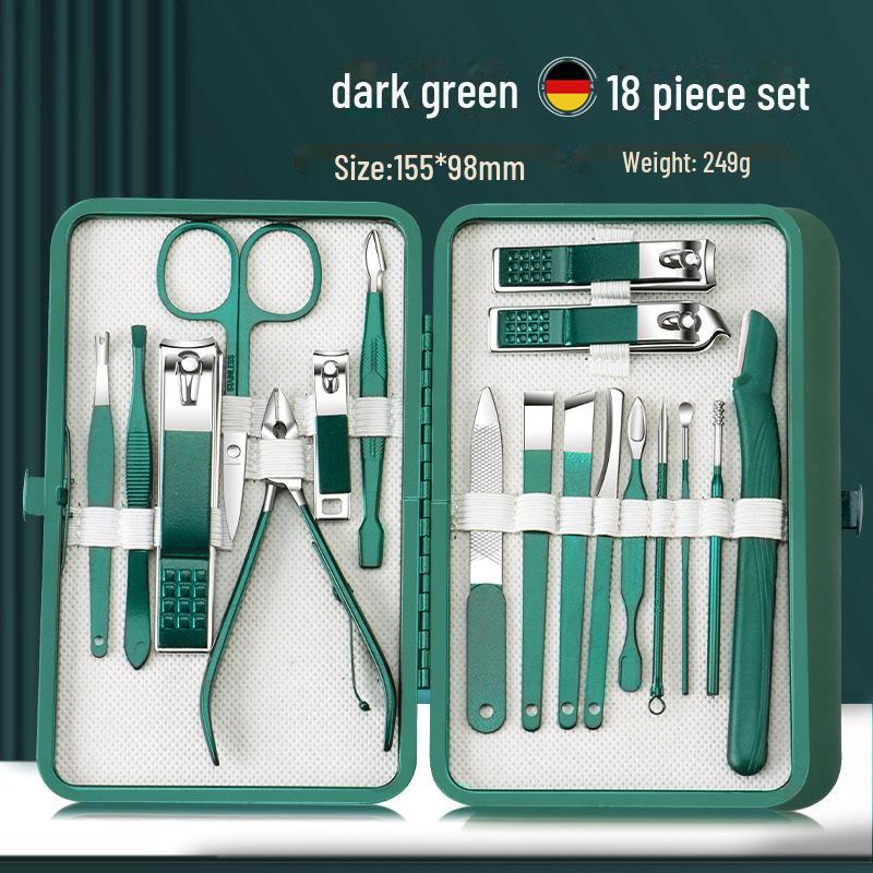 26-Piece Dark Green Stainless Steel Manicure Set: Nail Clippers, Dead Skin Remover, Scissors