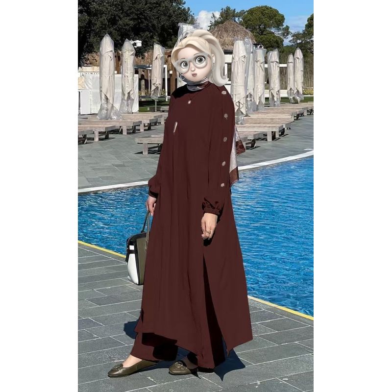 

Новый Ближневосточный Модный Повседневный Набор Халат и Брюки С Пуговицами Свободного Кроя Reddish Brown L