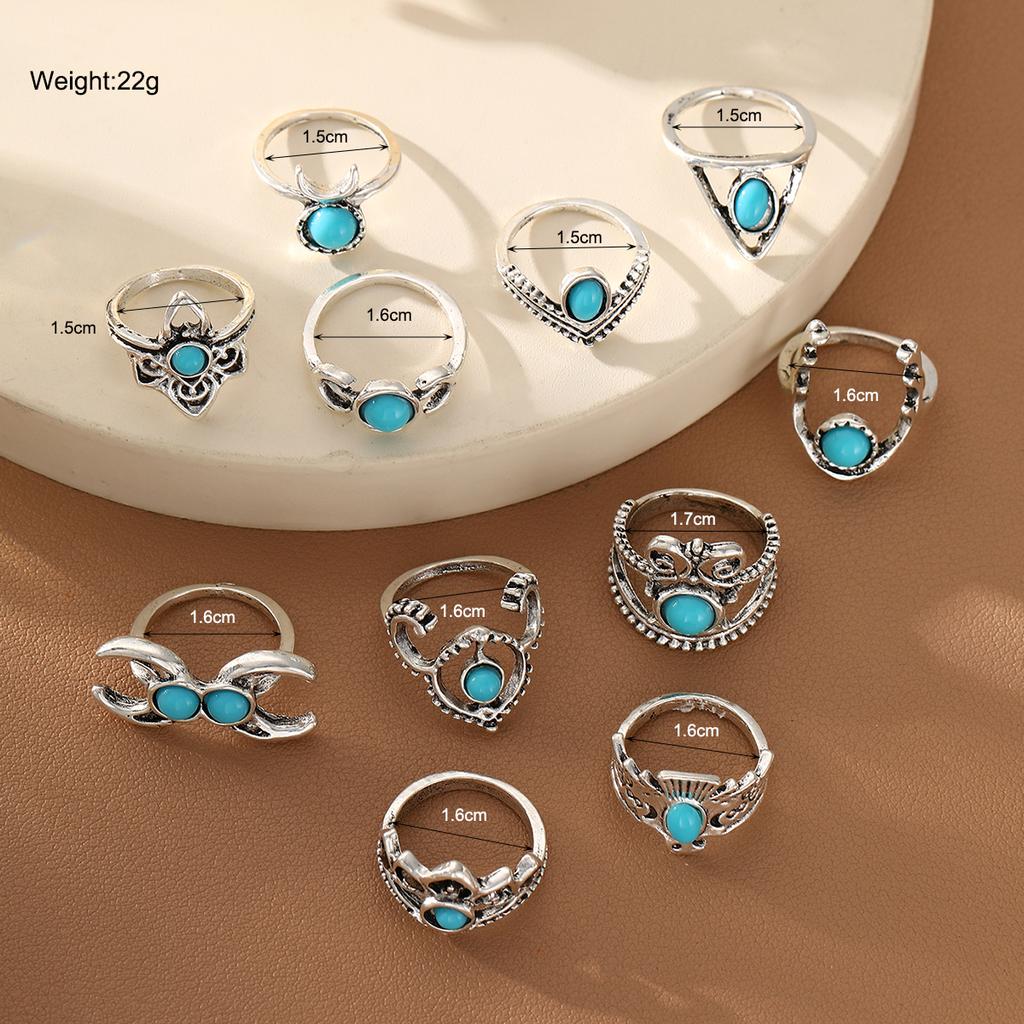 11pcs Vintage Turquoise Flower Ring Set for Women Bohemian Geometric Knuckle Finger Rings Vacation Party Daily Wear Jewelry Gift