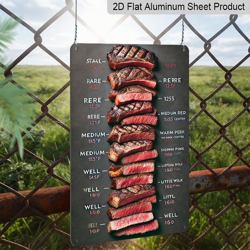 2D Flat, Vintage Beef Doneness Chart Metal Sign - Steak Guide with Rare, Medium Rare, Medium, Medium Done - Aluminium Retro Wall Art Suitable for