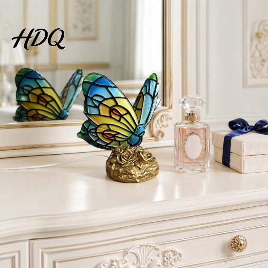Desk Lamp Warm Light Cute Bedside Table Lamp Butterfly Rose Nightstand Lamps Stained Glass Shape Wing Shade Bedroom Decor Home Decor Romantic Gift