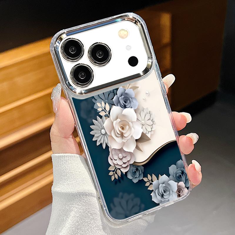 Romantic Rose Flower Pattern Case For iPhone 17 Pro Max iPhone 16 15 14 13 Pro Max 11 17e 16e Plating Lens Frame Clear Soft Silicone Back Cover