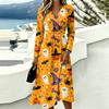Abito casual da donna a maniche lunghe con scollo a V e stampa di Halloween, con tasche