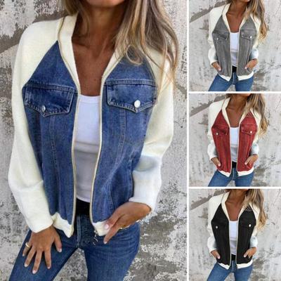 Fall Winter Women Jacket Color Matching Zip-up Pockets Cardigan Long Sleeves Patchwork Raglan Shoulder Turn-down Collar Casual Daily Wear Coat