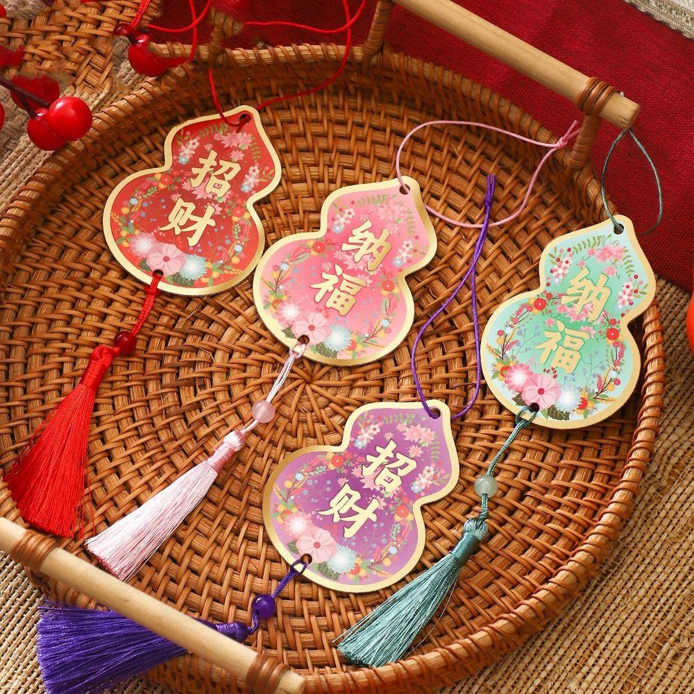 2pcs Cartoon Chinese Style Pendants Traditional Lucky Symbol Tree Hanging Tag Gold Stamping with Tassel Blessing Calabash Card