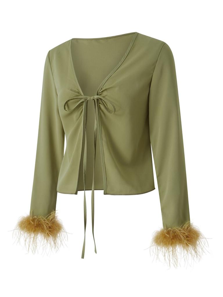 Women Spring Autumn Crop Tops Long Sleeve V-neck Lacing Feather Slim Fit Autumn Shirts for Club Party