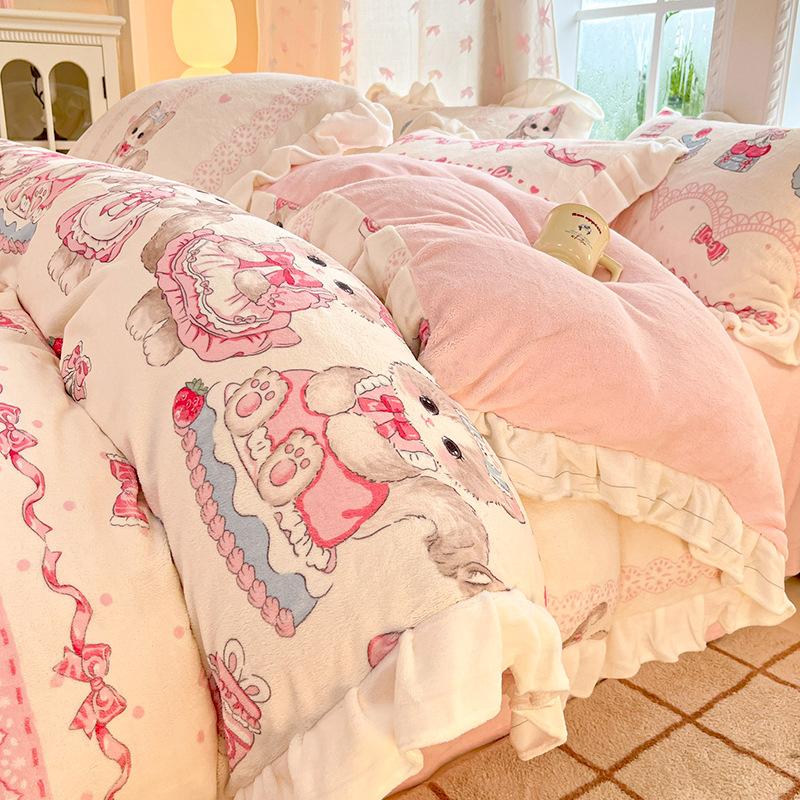 Thickened Milk Fleece Four-Piece Set, Lace Coral Fleece Quilt Cover, Bedding Fleece Bed Sheet Three-Piece Set