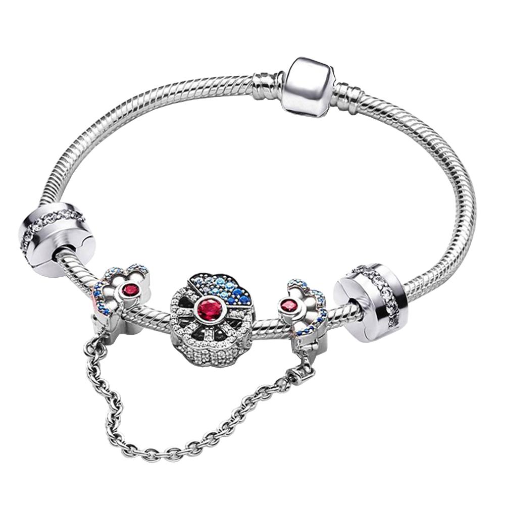 

S925 серебристо-синий океан сердце серии великолепный зубчатый веер браслет из бисера подходит для подвесок DIY для женщин подарок на день рождения 20cm