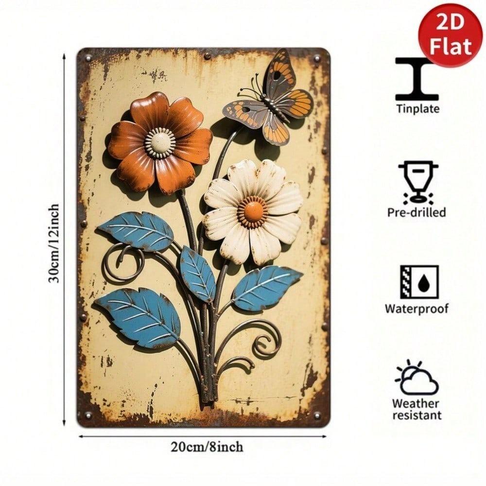 Vintage Floral Tin Sign Rustic Butterfly Wall Art 8x12 Inch Kitchen Bar Cafe Decor