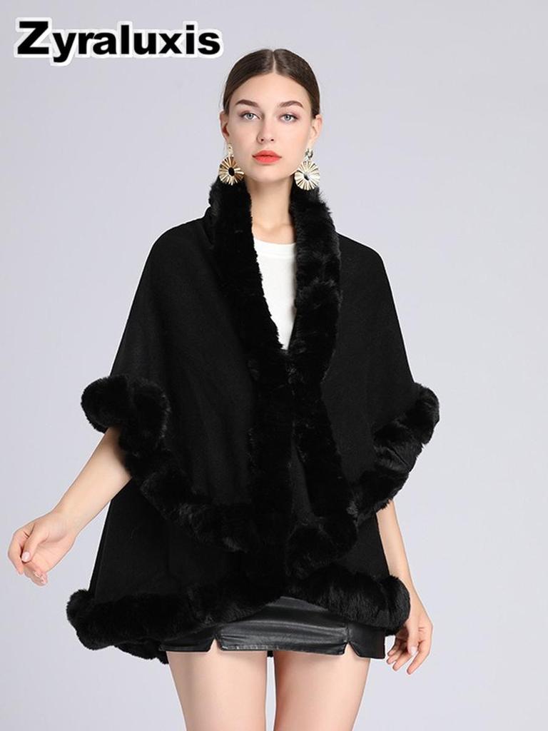 Women's Oversized Knit Poncho with Rabbit Fur Collar with Sherpa Lining for Fall Winter