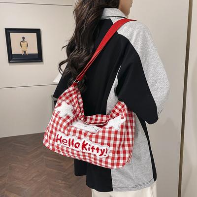 Plaid Cartoon Cute Sweet Casual Large Capacity Tote Bag Student Class Commute Versatile Shoulder Messenger Bag Female