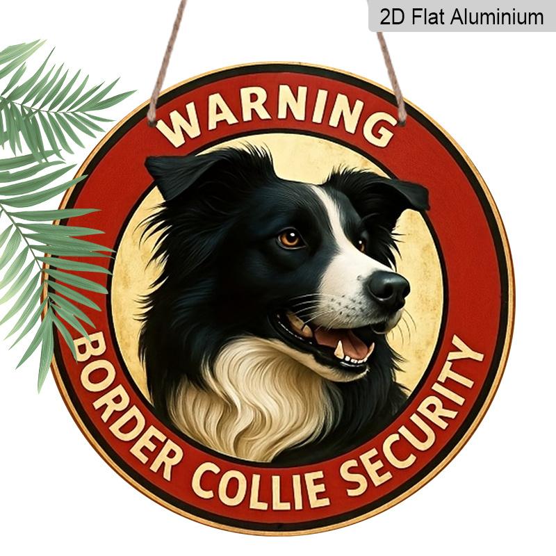 

2D Flat Border Collie Warning Sign Round Aluminum Wall Artwork, Retro Logo, Featuring Friendly Dogs, Very Suitable for Families, Bars, Cafes 1pc