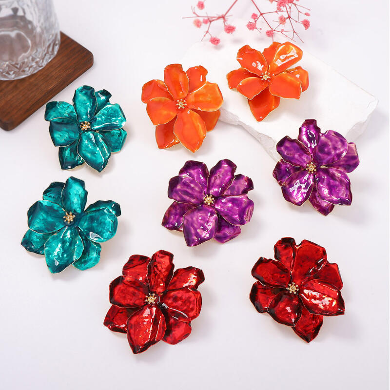 Orecchini a Pendente con Petali Grandi Colorati in Metallo Esagerati per Donne Signora Moda Vintage Orecchini a Bottone con Smalto a Goccia Accessori Gioielli