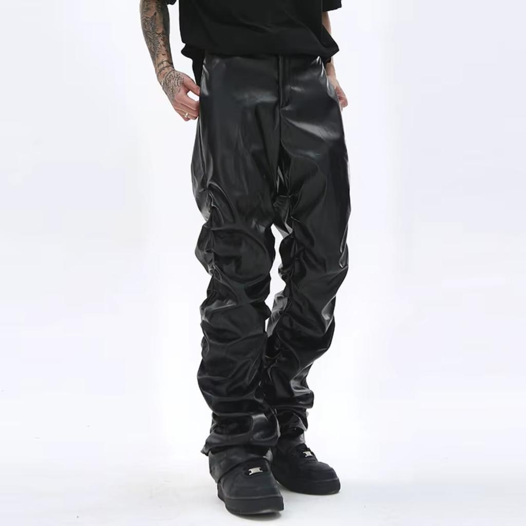 STREETRICH Hip Hop Pánské plisované kalhoty z PU kůže Harajuku Retro Streetwear Volné řasené ležérní kalhoty Rovné jednobarevné černé kalhoty