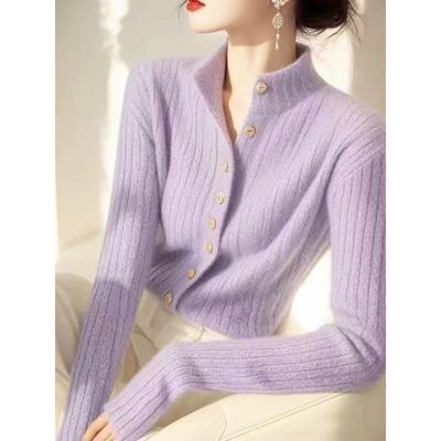 Good-looking Purple Semi-turtleneck Knitted Cardigan Women's Deep Winter New Thin Bottoming Top