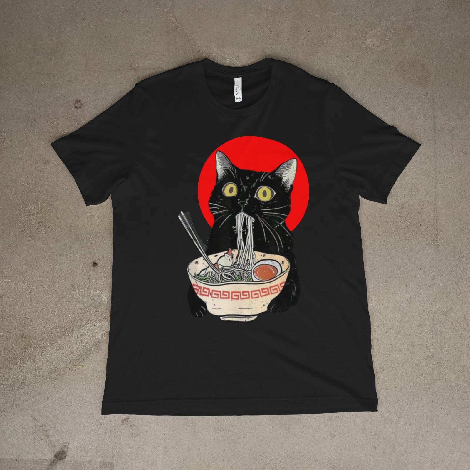 Japanese Ramen Cat Shirt Black Cat Noodle Bowl Anime Kawaii T-Shirt M