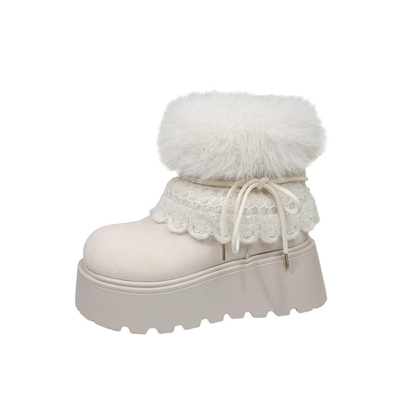Women's thick bottom hairy mouth butterfly lace fashion winter lightweight warm anti cold snow boots non-slip casual sneakers cotton boots