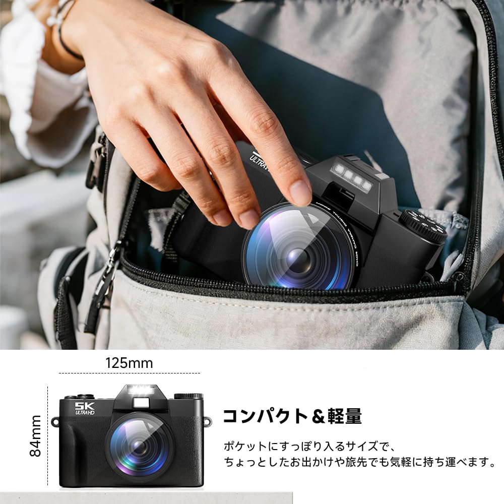 5K Recording, 75 Megapixel Digital Camera, Compact and Lightweight, 180-Degree Rotating Display, Wi-Fi Transfer, SelfieVlogSchool Trip, Ideal for