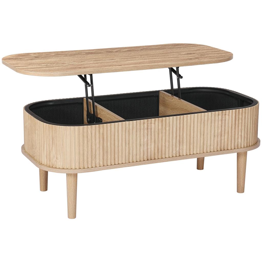 1000 Mm Lift Top Coffee Table, Fluted Oval Coffee Table with 3 Hidden Compartment, Mid Century Wooden Oval Center Desk with Storage, Lift Up Tabletop