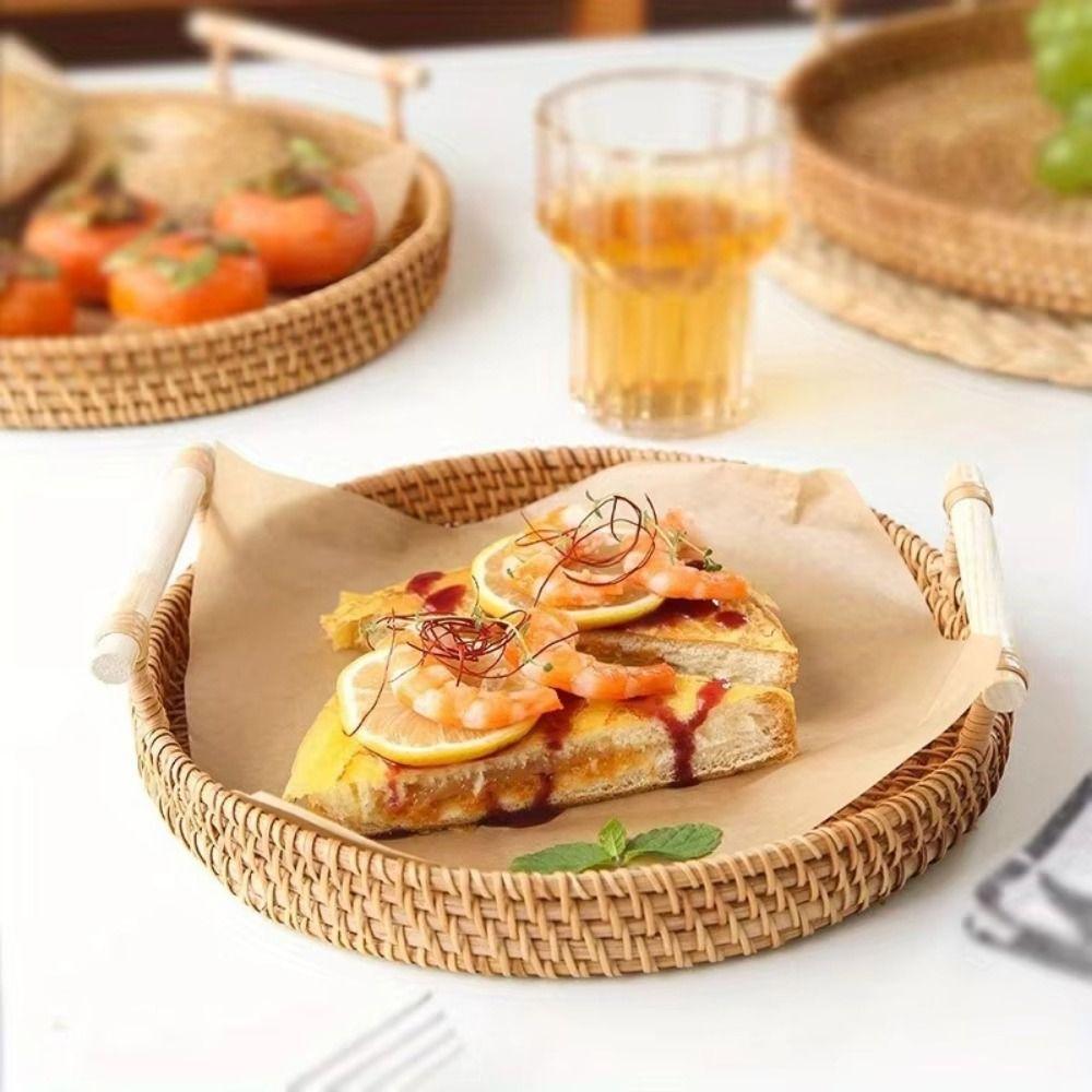 Handwoven Handmade Rattan Tray with Handles Round Shape Food Storage Basket Large Capacity Eco-Friendly Kitchen Organizer Tray