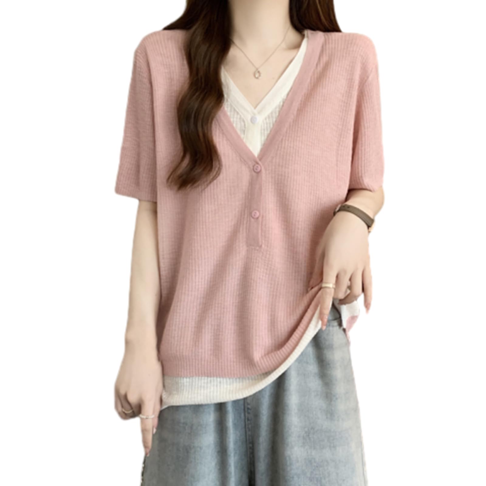 

JoccKorr Летний вязаный укороченный топ и блузка с контрастной отделкой и из ледяного шелка, легкий, идеально подходит для повседневной носки или и милый для весны и лета, женская футболка, розовый