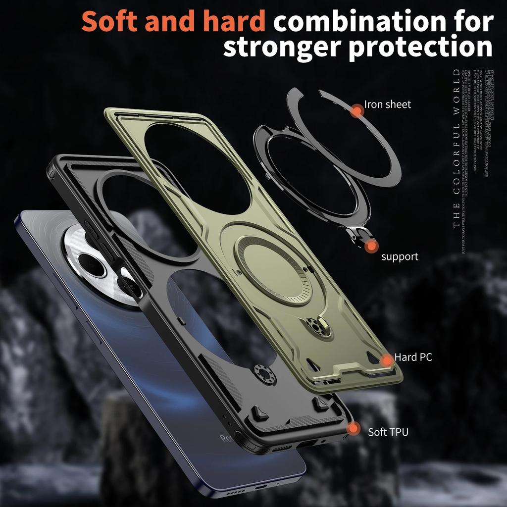 For Xiaomi Redmi 14C Case Military Armor Shockproof 360° Rotating Magnetic Metal Ring Stand TPU Frame Plastic Phone Cover Fundas