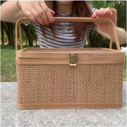 Woven Bamboo Basket with Lid, Rectangular Storage Case for Home and Outdoor Use, Picnic Basket, Fruit Basket, Natural Materials, Tea Ceremony Basket,
