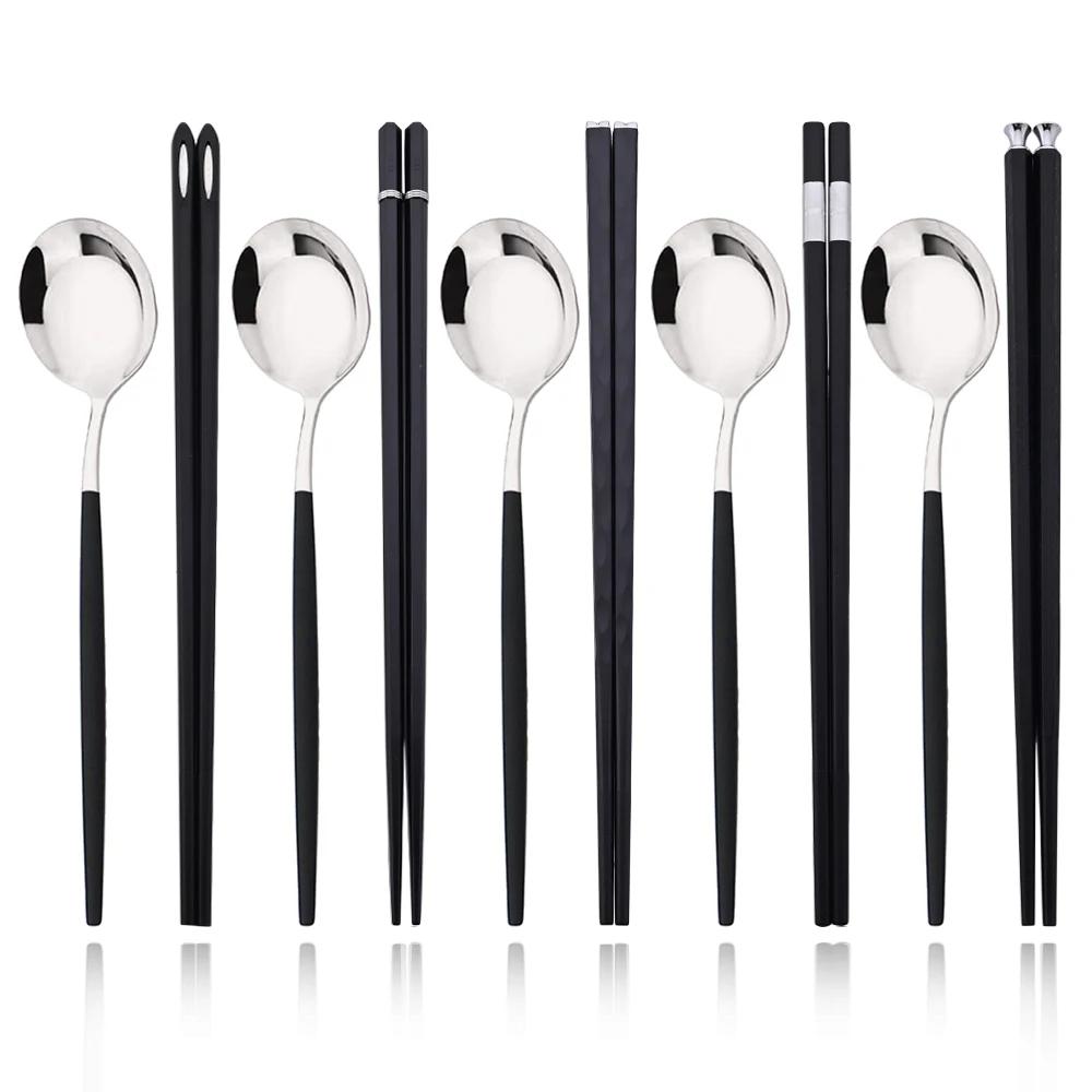 10Pcs Black Silver Portable Travel Cutlery Set Chopsticks Spoon Stainless Steel Korean Dinnerware Set Luxury Tableware Set
