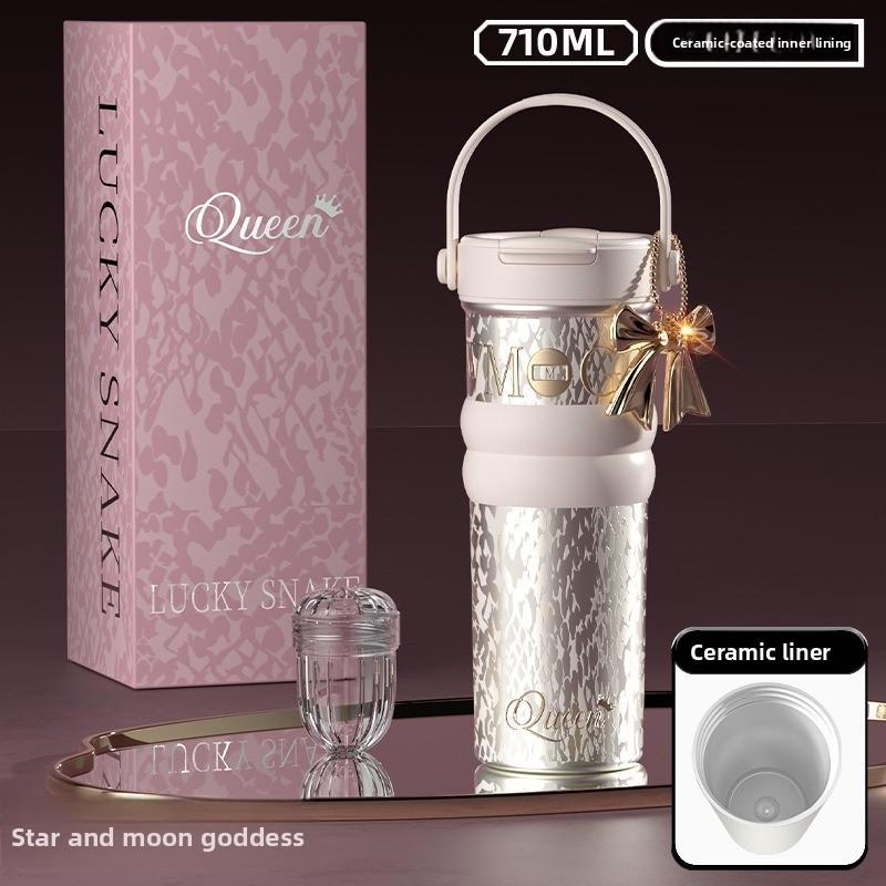 Ceramic Double Drink Coffee Cup With Handles And Straw For Office And Home Use