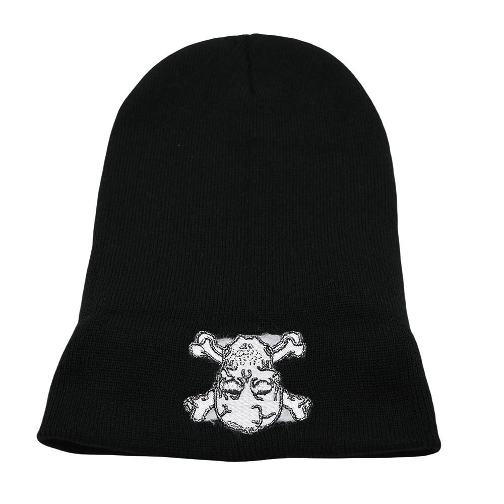 Solid Simple Color Knitted Hat With Skeleton Embroidery Design For Daily