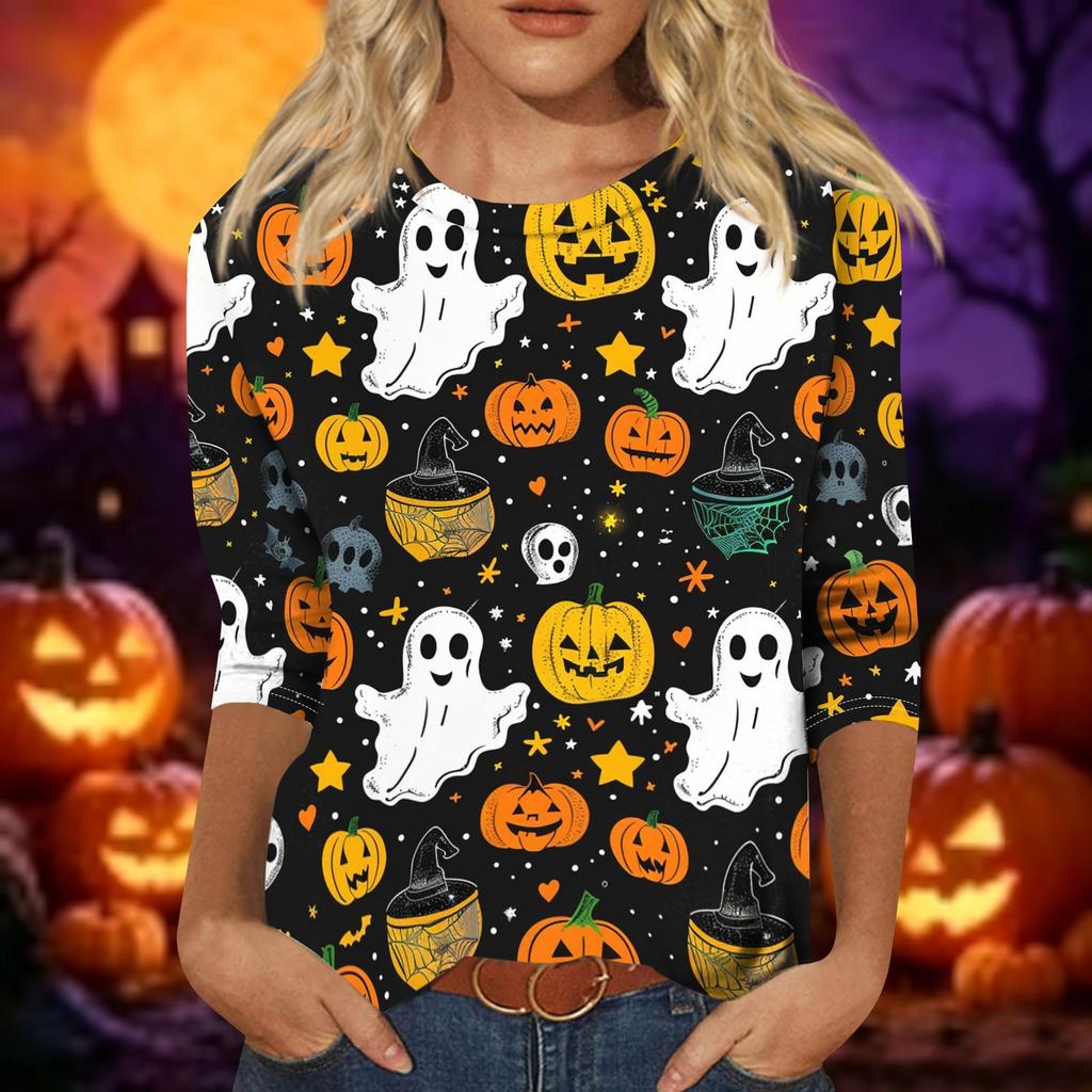 Women's Casual Halloween Print 3/4 Sleeve Round Neck Top for Holiday Party