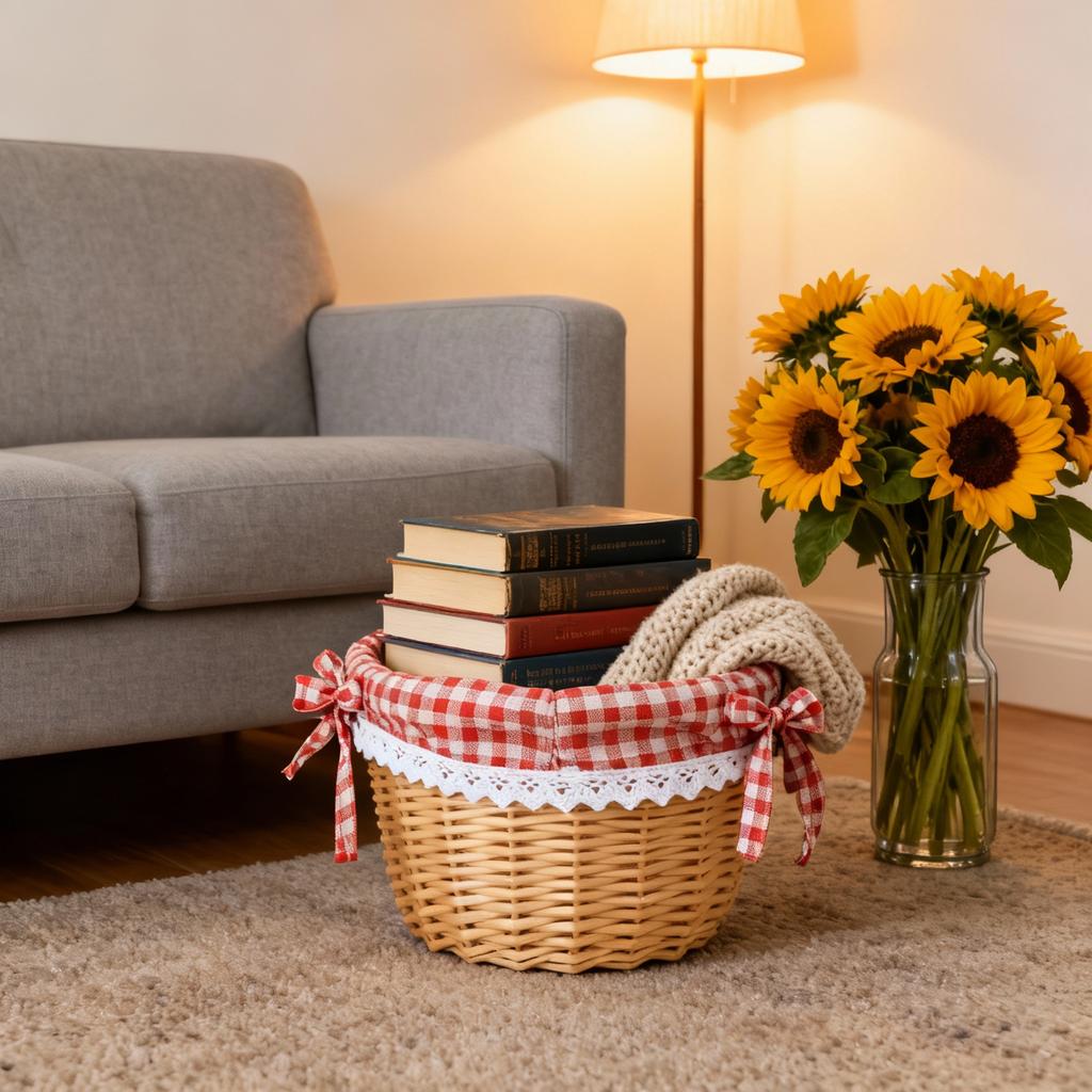 Wicker Storage Basket Hand Woven Linen Inner For Fruit Vegetable Bread Food Serving Display Red Plaid Size S Picnic Basket
