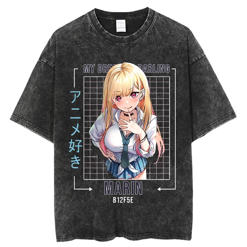 Hot Anime My Dress Up Darling Kitagawa Marin Printed Tshirt High Quality Washed Cotton T-shirts Harajuku Casual Tops Unisex