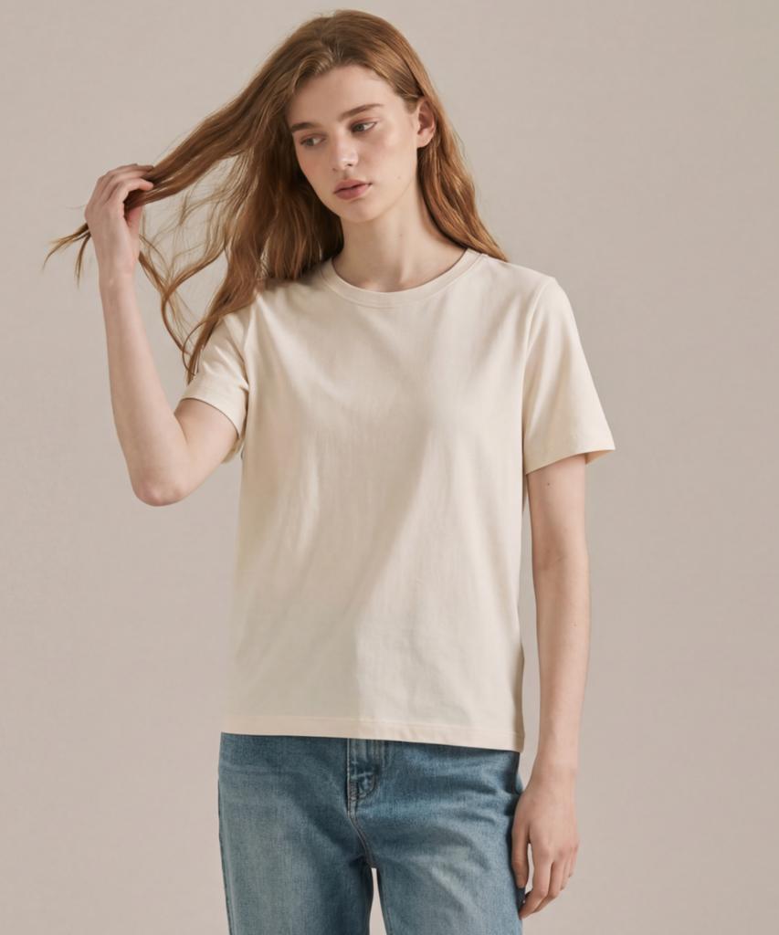 BASIC HOUSE Women'S Premium 40-Count Round Neck Short Sleeve T-Shirt Cream Lats0211